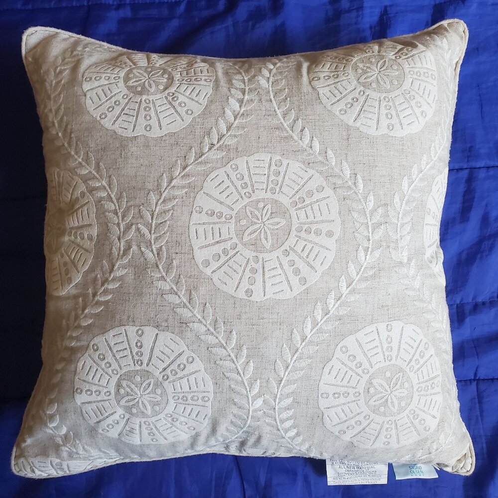 NWOT 18x18" Sigrid Olsen Decor Pillow Embroidered Linen Blend Plush Feather READ